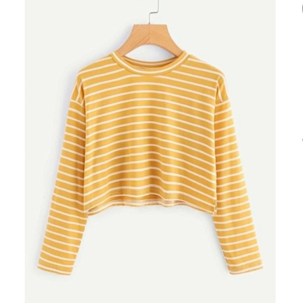 ROMWE Women’s Striped Long-Sleeve Crop Crewneck T-Shirt - yellow/white, size M